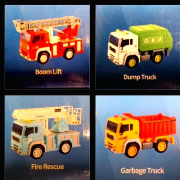 4 Friction Trucks new-Boom Lift, Fire Rescue, Garbage Truck, Dump Truck - Picture 1 of 11
